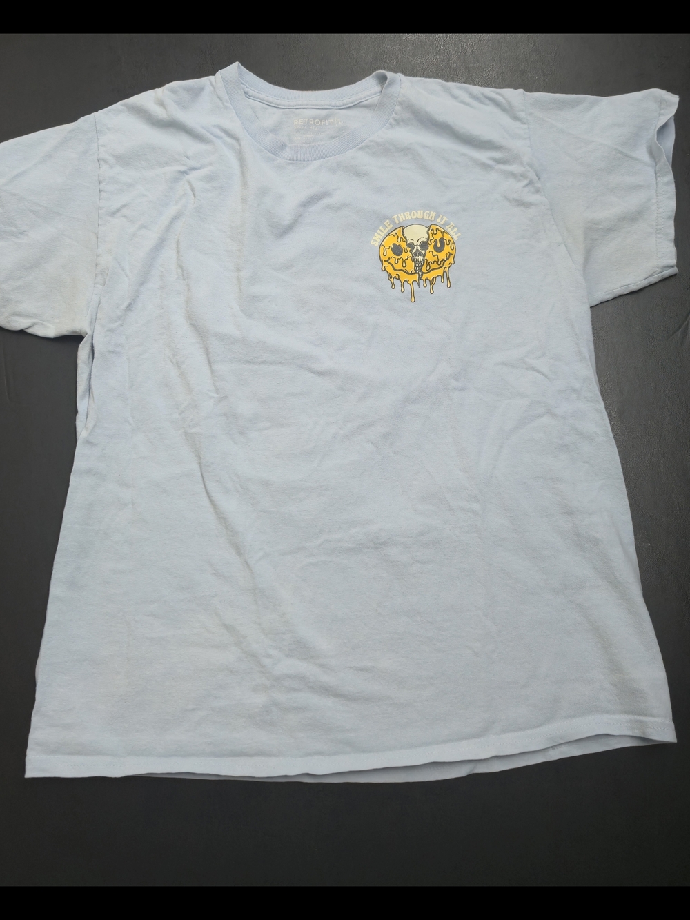 Retrofit Light Blue Short Sleeve Tee with Yellow Drip Skull Graphic